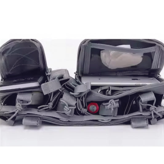 The Stealth OPS Gear Chest Rig Harness in Gray is crafted from durable 500D Nylon, offering strength without the bulk. Its lightweight and compact design ensures maximum mobility and speed with minimal drag. Equipped with four large magazine pouches, two smaller ones, and two front pouches, it’s perfect for airsoft, military drills, and cadet training. Stay agile and prepared with this reliable chest rig. www.defenceqstore.com.au