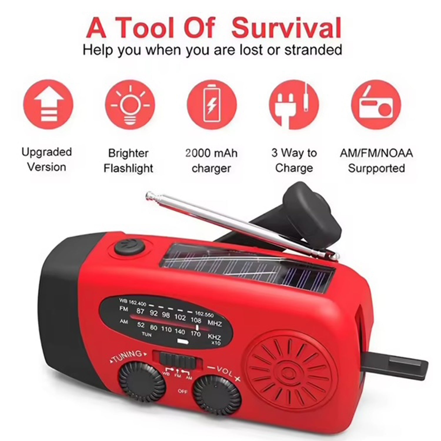 Stay prepared for any emergency with this versatile, self-powered radio designed to keep you connected when it matters most. Featuring AM/FM reception, a bright 3-LED flashlight, and integrated power bank functionality, it delivers essential tools in one compact device. Power it your way—via USB charging, solar panels, or the hand crank for complete independence from the grid.  www.defenceqstore.com.au
