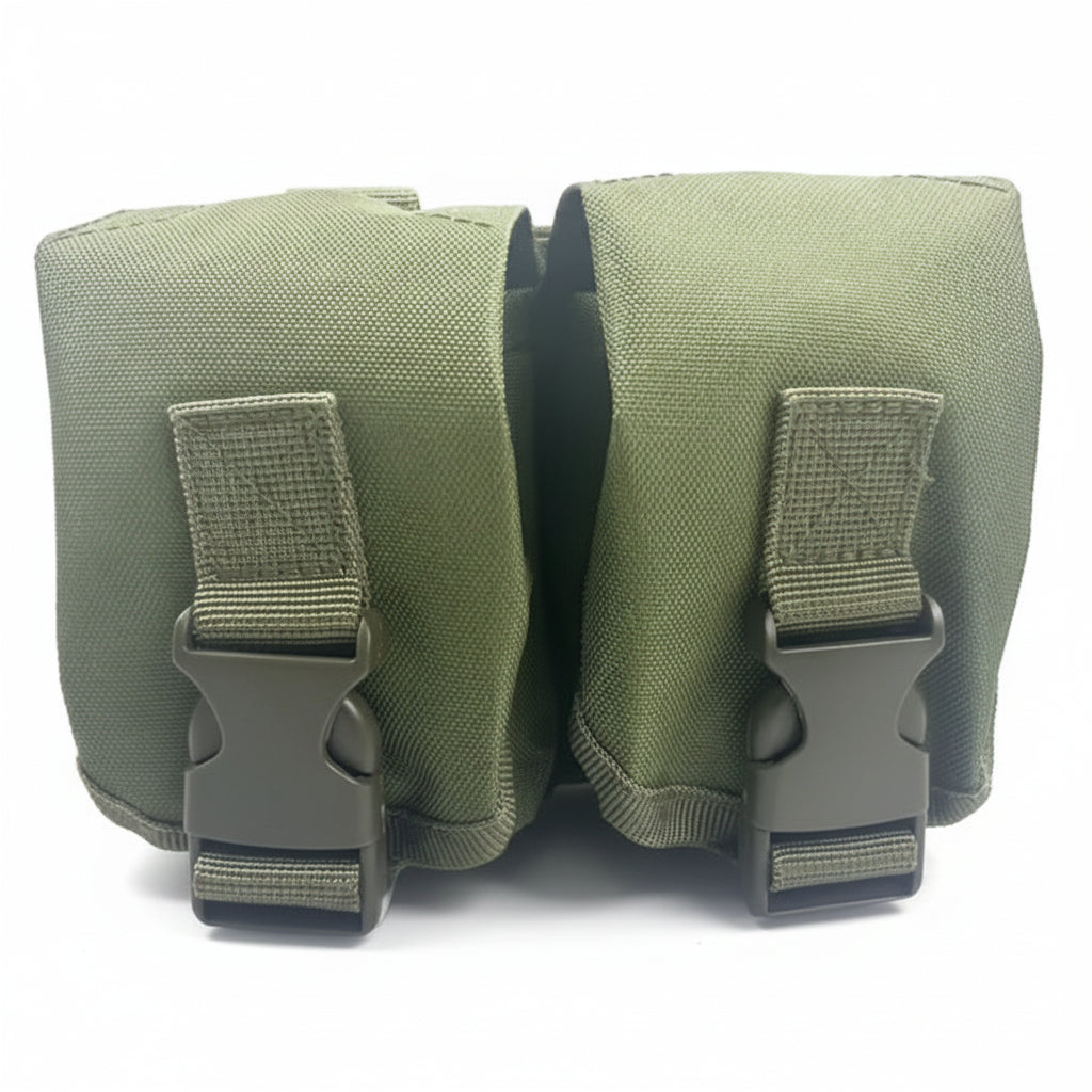 Engineered for tactical efficiency, this Double Frag Grenade Pouch secures F1 grenades and comparable equipment with reliable precision. Constructed from hardwearing 500D nylon with an integrated rear panel and MOLLE webbing, it delivers durability where it counts. www.defenceqstore.com.au