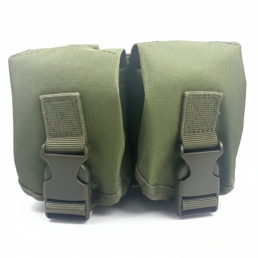 Engineered for tactical efficiency, this Double Frag Grenade Pouch secures F1 grenades and comparable equipment with reliable precision. Constructed from hardwearing 500D nylon with an integrated rear panel and MOLLE webbing, it delivers durability where it counts. www.defenceqstore.com.au