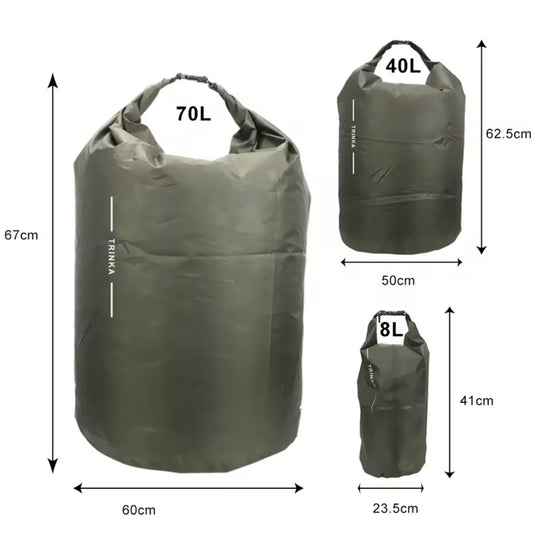 Keep your gear dry and compact with the Dry Bag Bundle 8L 40L 70L, ideal for any outdoor adventure from tactical to hiking. Its innovative design combines simplicity with efficiency, ensuring your items stay dry and compressed. www.defenceqstore.com.au