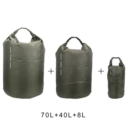 Keep your gear dry and compact with the Dry Bag Bundle 8L 40L 70L, ideal for any outdoor adventure from tactical to hiking. Its innovative design combines simplicity with efficiency, ensuring your items stay dry and compressed. www.defenceqstore.com.au