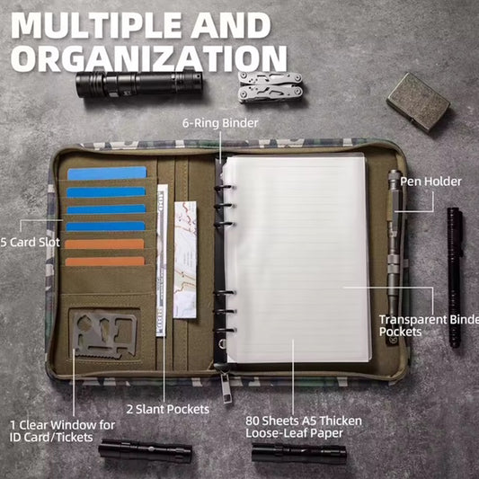 Stay organized in the field with this rugged A6 Tactical Notebook. The multicam cover keeps your essentials secure while the 6-ring binder system lets you customize your setup. Five card slots and an ID window provide quick access to critical information, while the pen holder keeps your writing tool within reach. www.defenceqstore.com.au