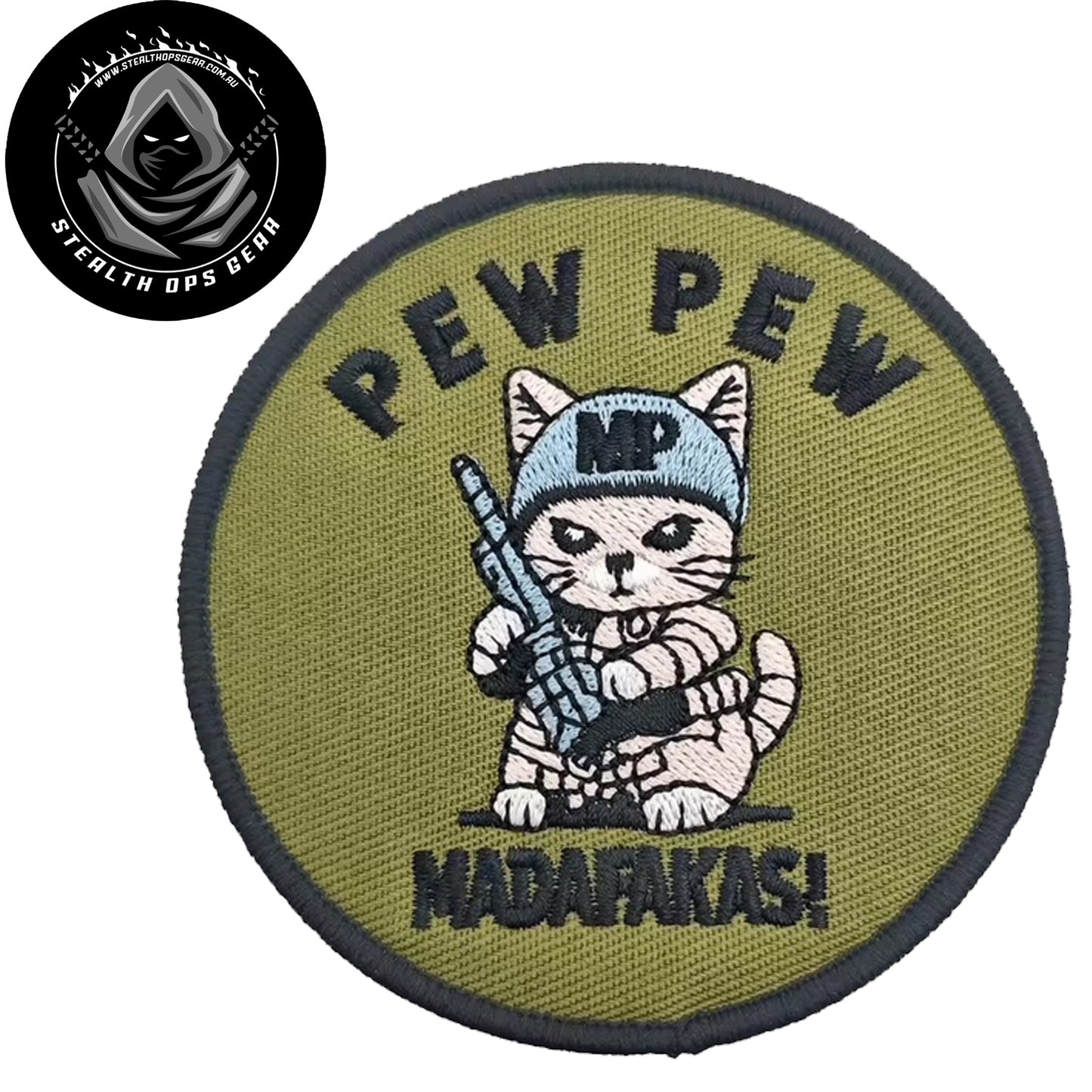 Unleash your creativity with the MP Pew Pew Embroidery Printed Patch Hook &amp; Loop - Stealth Ops Gear! Measuring 8cm and featuring a beautifully embroidered design and secure hook &amp; loop backing, this patch is a must-have for any collector. www.defenceqstore.com.au