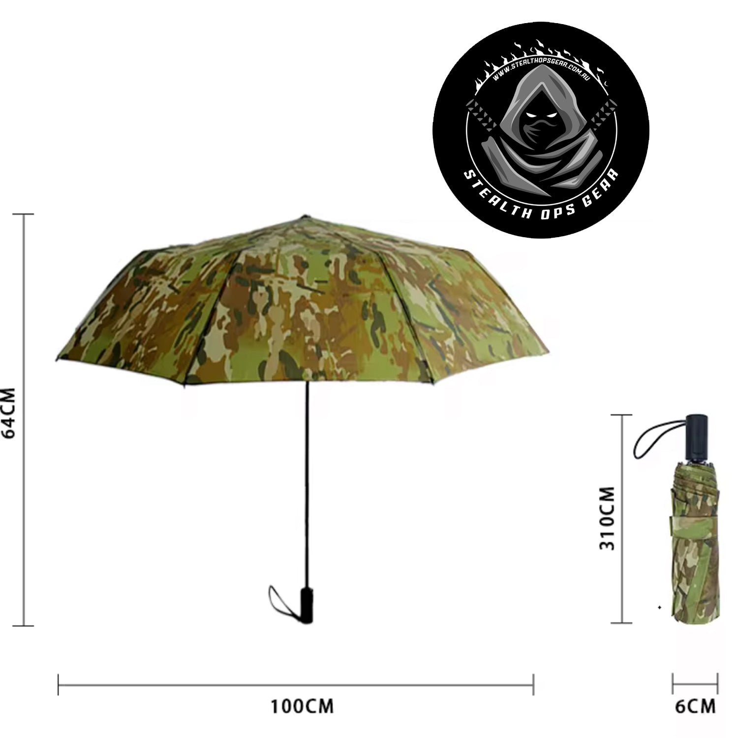The open umbrella covers a&nbsp;diameter of 116cm&nbsp;for maximum protection. Pressing the handles button will automatically open the canopy, creating a one handed, hassle free deployment.  www.defenceqstore.com.au