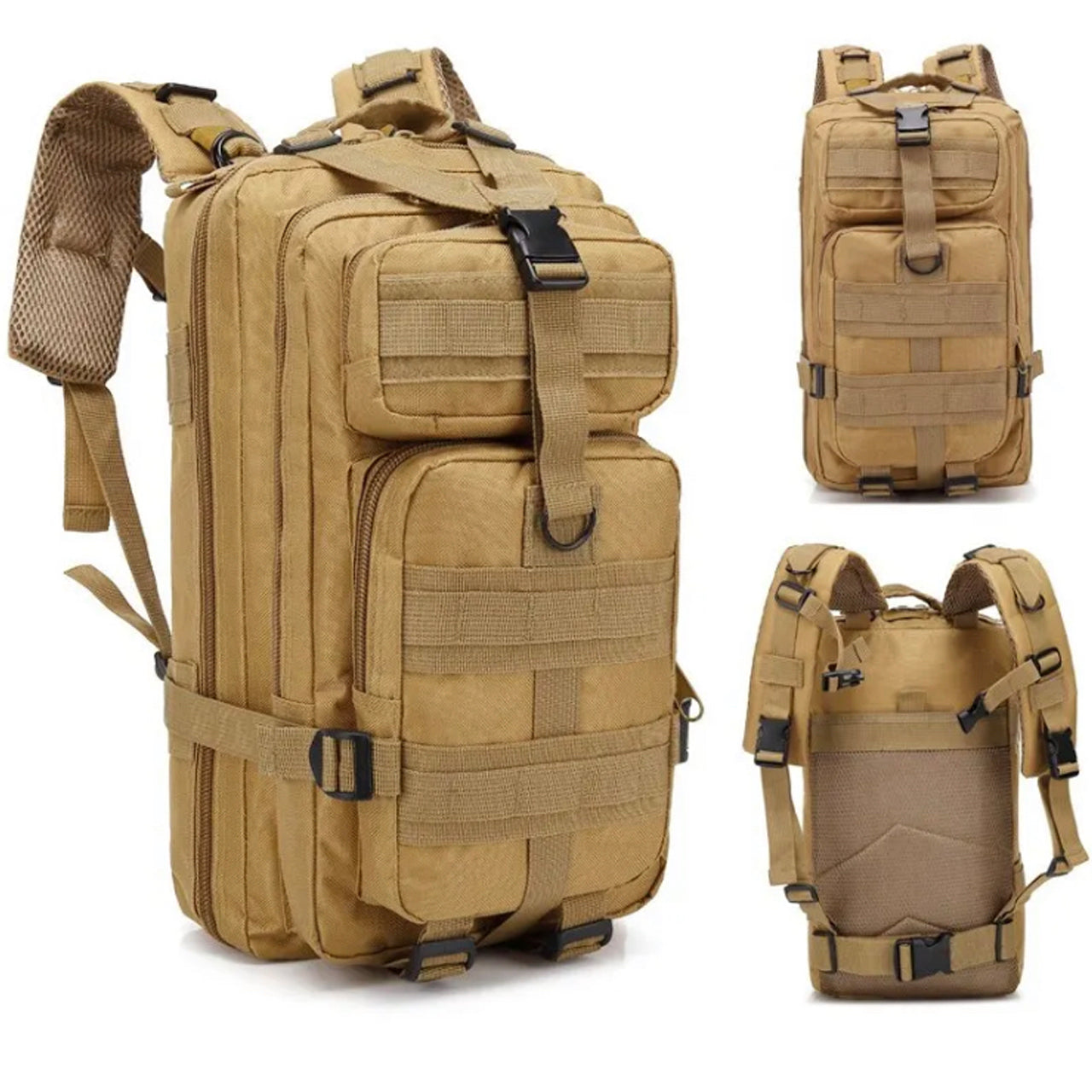 Discover the boundless capacity of the Tactical Daypack 30LT! Boasting 4 generous compartments and a MOLLE grid for expanding with pouches and gear, this pack measures in at an impressive 40x24x20cm! www.defenceqstore.com.au khaki different views of pack