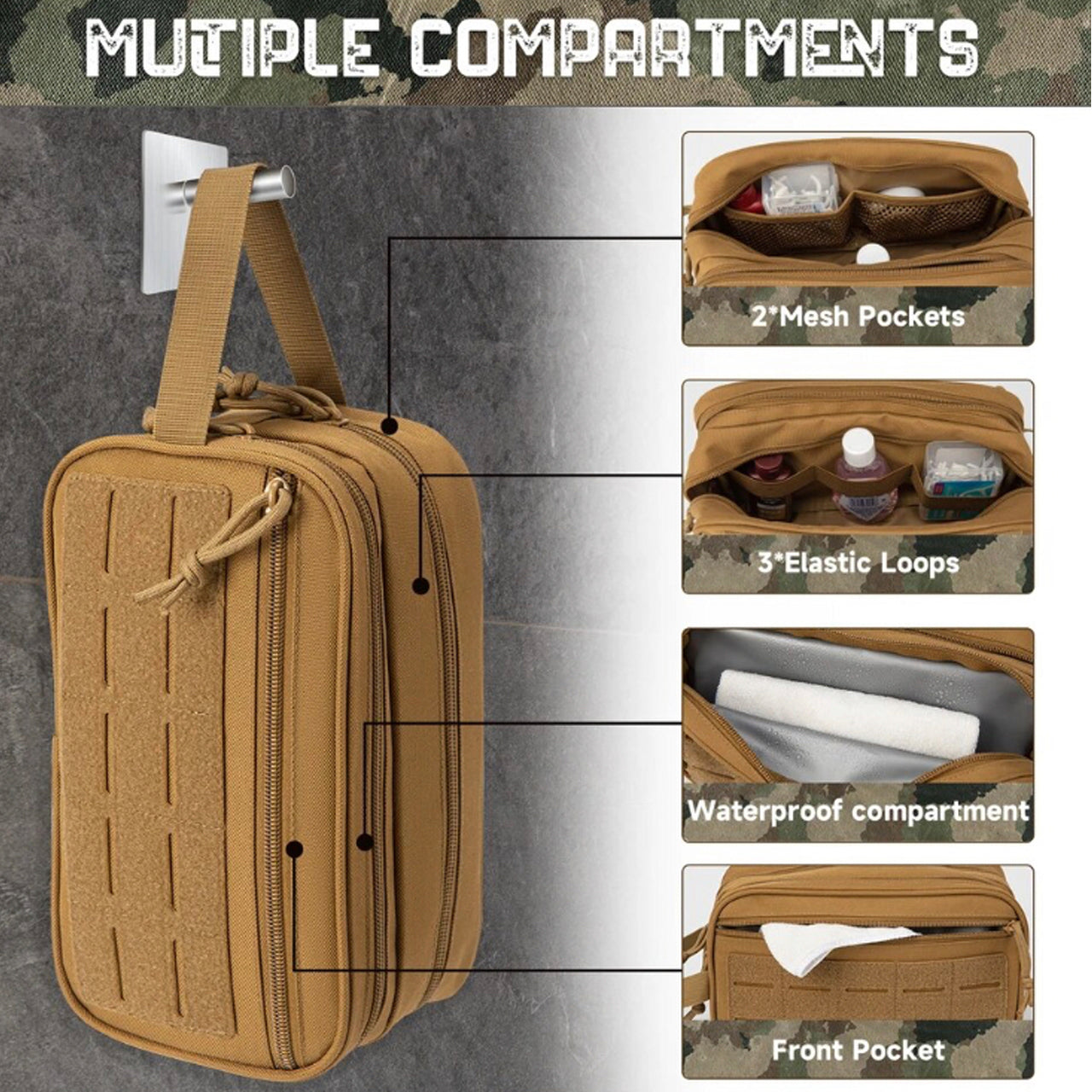 This Toiletry Bag is MOLLE capable and can be used for other gear, it's a must-have for any traveler. With dimensions of 15cm (H) x 26cm (W) x 11cm (D), it's perfect for storing toiletries and accessories. Made from 900D fabric material, it boasts a sleek and durable design. The side carry handle, front pocket compartment with closeable zip, and top zip closure make it a convenient and stylish choice. www.defenceqstore.com.au