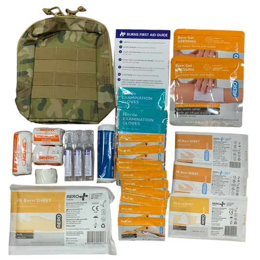 The Medic Small Emergency Burn First Aid Kit is designed to effectively treat burn injuries and provide relief from pain. It is suitable for use in a variety of settings, such as workplaces, home kitchens, and outdoor grilling areas. The kit includes hydrogel dressings and sachets that rapidly cool down burns, prevent tissue damage, and alleviate discomfort. Additionally, Polyethylene Burn Sheets are provided to cover the injury and protect against infection. www.defenceqstore.com.au