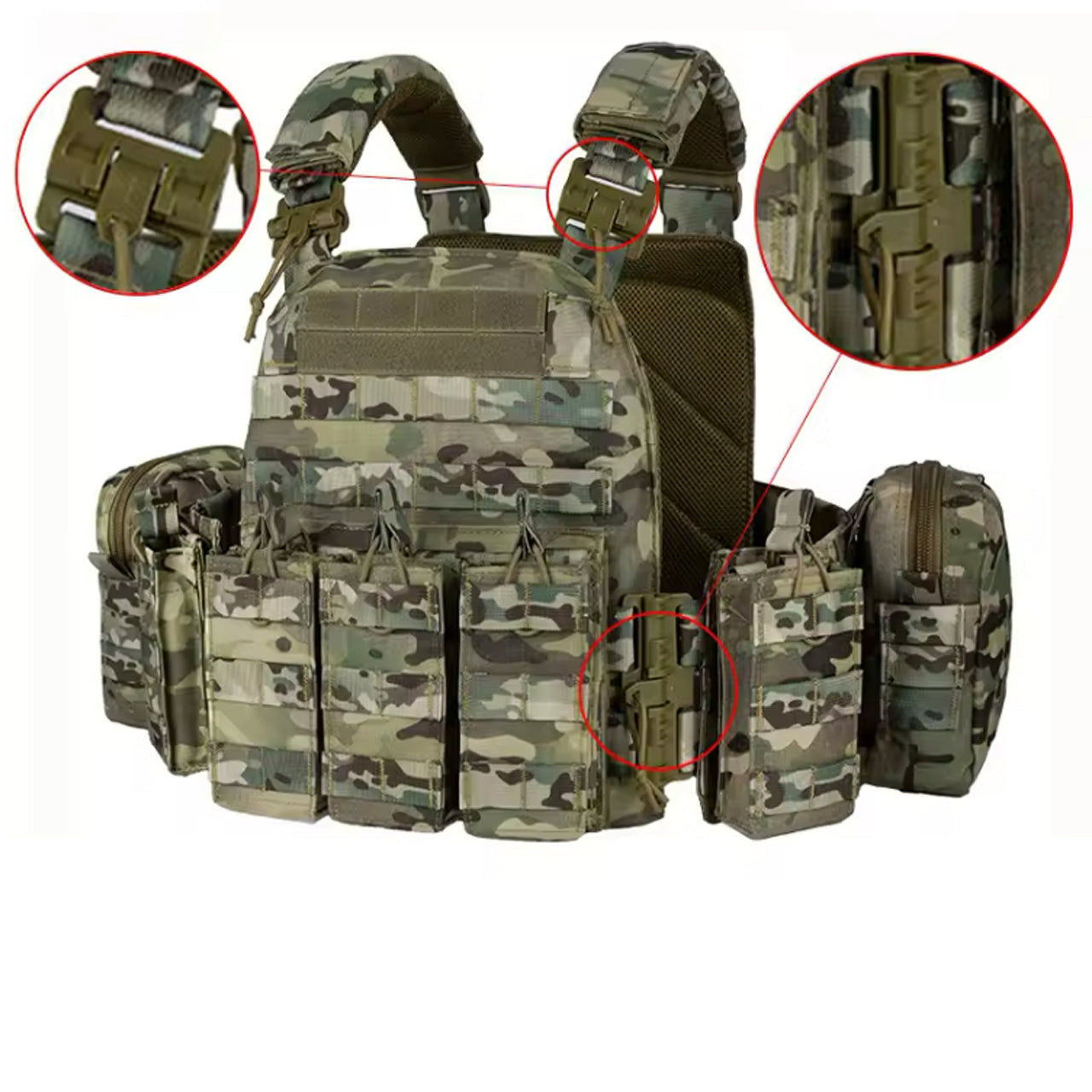 The Stealth Ops Quick Release Assault Vest in Multicam combines durability and functionality. Made with 1000D waterproof oxford cloth, this versatile MOLLE vest is perfect for outdoor activities www.defenceqstore.com.au