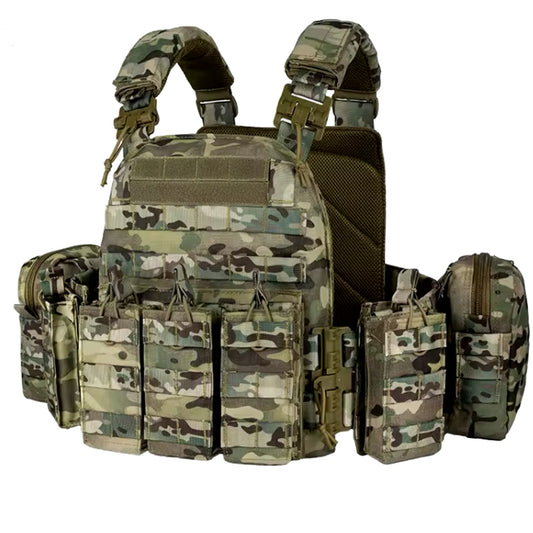 The Stealth Ops Quick Release Assault Vest in Multicam combines durability and functionality. Made with 1000D waterproof oxford cloth, this versatile MOLLE vest is perfect for outdoor activities www.defenceqstore.com.au