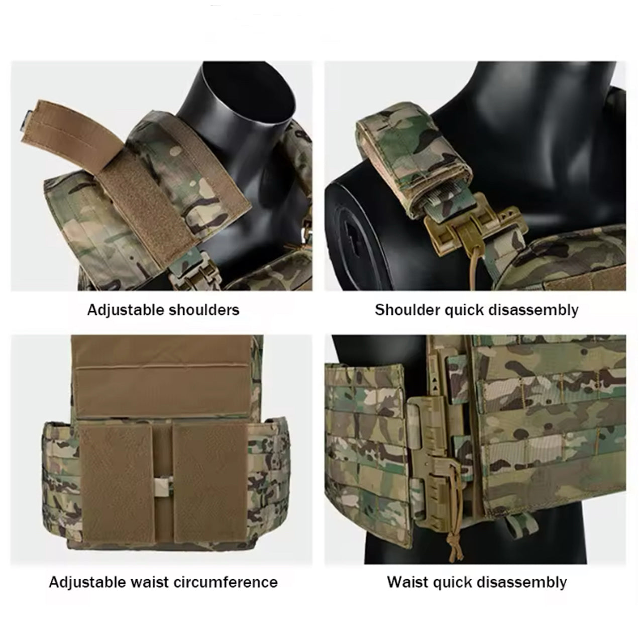 The Stealth Ops Quick Release Assault Vest in Multicam combines durability and functionality. Made with 1000D waterproof oxford cloth, this versatile MOLLE vest is perfect for outdoor activities www.defenceqstore.com.au