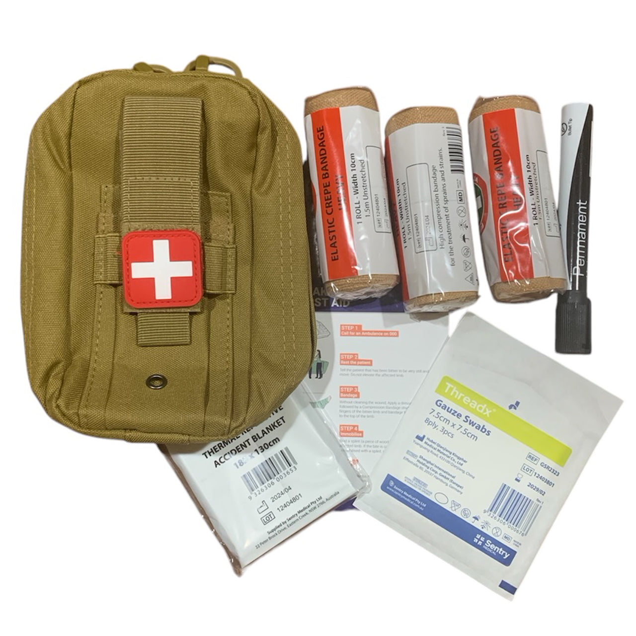 The Snake Bite Kit provides emergency treatment for one person in case of a snake or spider bite. It contains:
3 Heavy Standard Crepe Bandages. 
Gauze Swab 7.5cm
Thermal Blanket,
Venomous Bite Guide. 
Coyote Combat Pouch 20x9x7cm
Red and white medic morale patch pvc www.defenceqstore.com.au