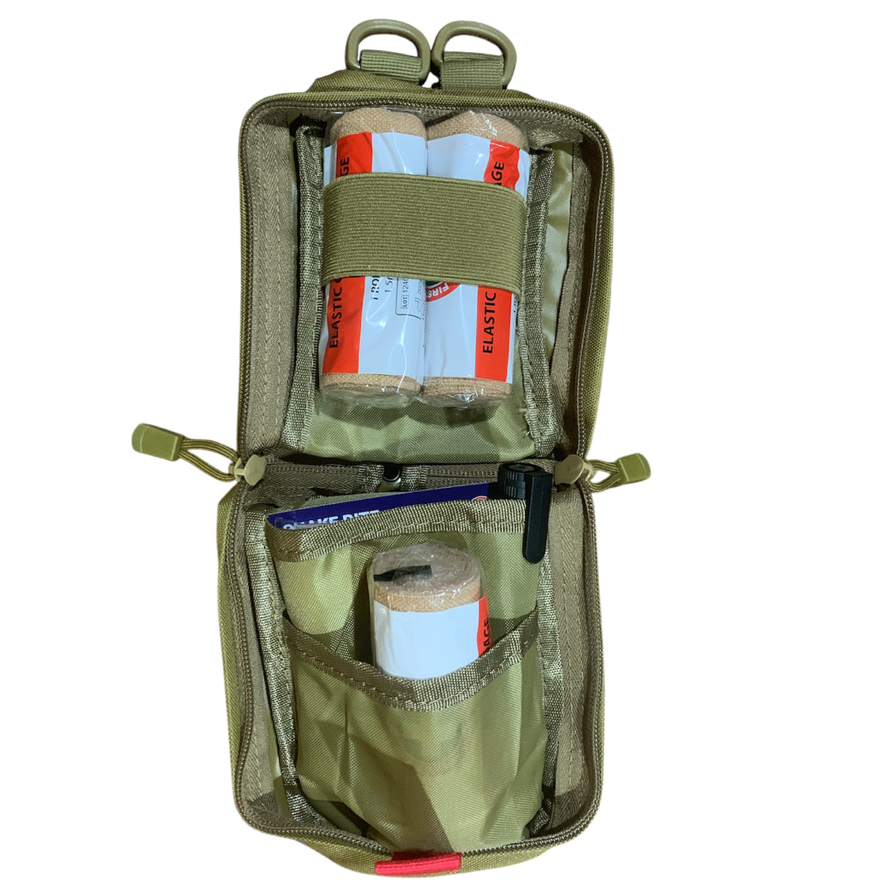 The Snake Bite Kit provides emergency treatment for one person in case of a snake or spider bite. It contains:
3 Heavy Standard Crepe Bandages. 
Gauze Swab 7.5cm
Thermal Blanket,
Venomous Bite Guide. 
Coyote Combat Pouch 20x9x7cm
Red and white medic morale patch pvc www.defenceqstore.com.au