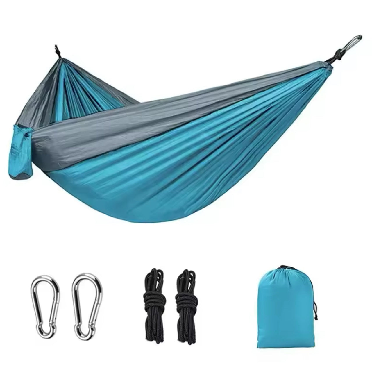 This Hammock Blue & Grey is perfect for camping and traveling. It is compact, made of a light weight material with built in very fine mosquito netting, also comes with 2 heavy duty carabiners, attachment nylon cord with suspenders loops to secure the hammock to the tree line with a carry bag is intergrated into the design. www.defenceqstore.com.au