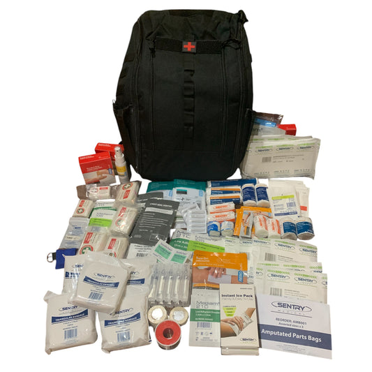 Premium First Aid Combat Backpack Bundle Black contains:
Black Combat Backpack 54x30x18cm which is the ultimate first aid carrying device plus bonus x2 Tactical Elite Chest Seals. www.defenceqstore.com.au