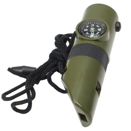 This versatile 7-in-1 whistle offers multiple functions, including an emergency whistle, thermometer, compass, LED light, magnifying glass, reflective signal mirror, and sealed container. Crafted from durable ABS plastic, it is built to withstand the challenges of outdoor adventures. www.defenceqstore.com.au