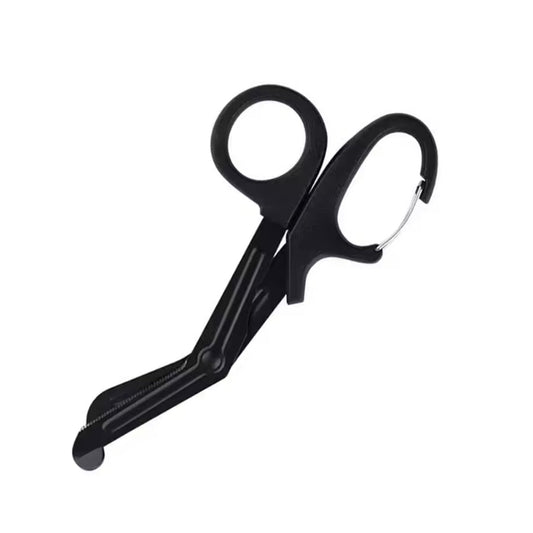 D-Ring Style Deluxe EMS Shears 15cm long total length in black, being able to attach these onto all sorts of equipment is a massive bonus.  No need to have to put them in a pouch or other outdoor gear, just hook onto a belt loop or equipment loop and they are set to go. www.defenceqstore.com.au