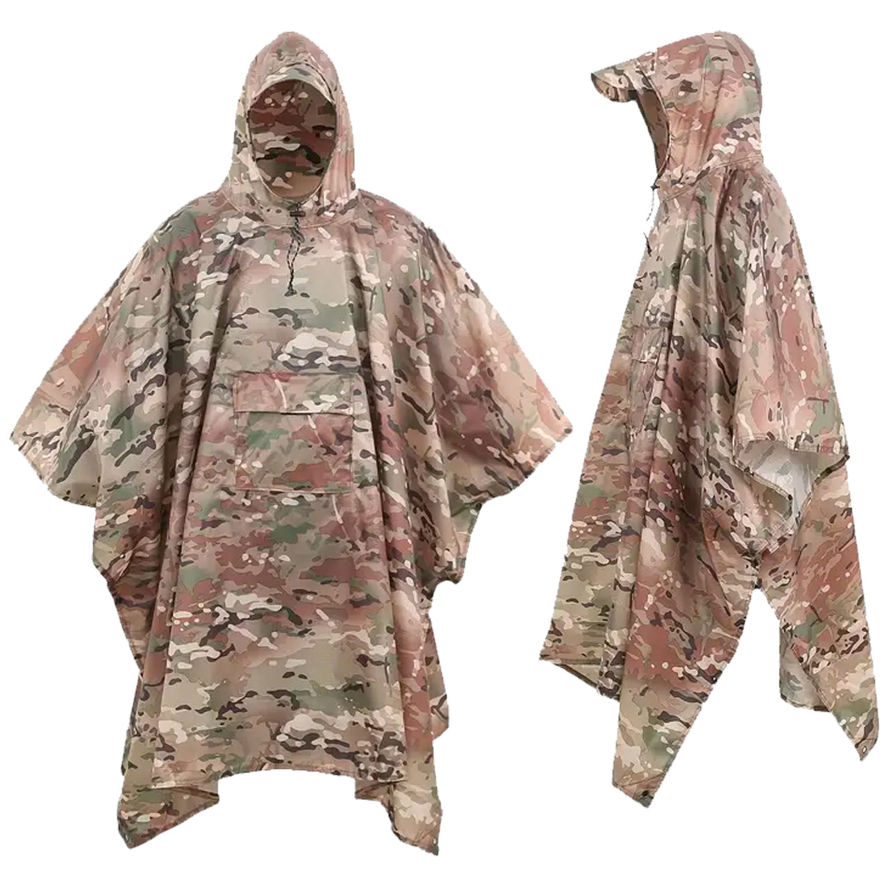 This poncho is made from durable 100% polyester and showcases a Multicam pattern, ensuring both functionality and style. Its waterproof PU2000mm rating keeps you dry in any weather, while the front pocket and snap closure provide convenience. The included stuff bag makes it portable, and the grommets on every corner allow for secure use in any situation. Sized at 210x140cm, it's compact and lightweight for easy packing. www.defenceqstore.com.au