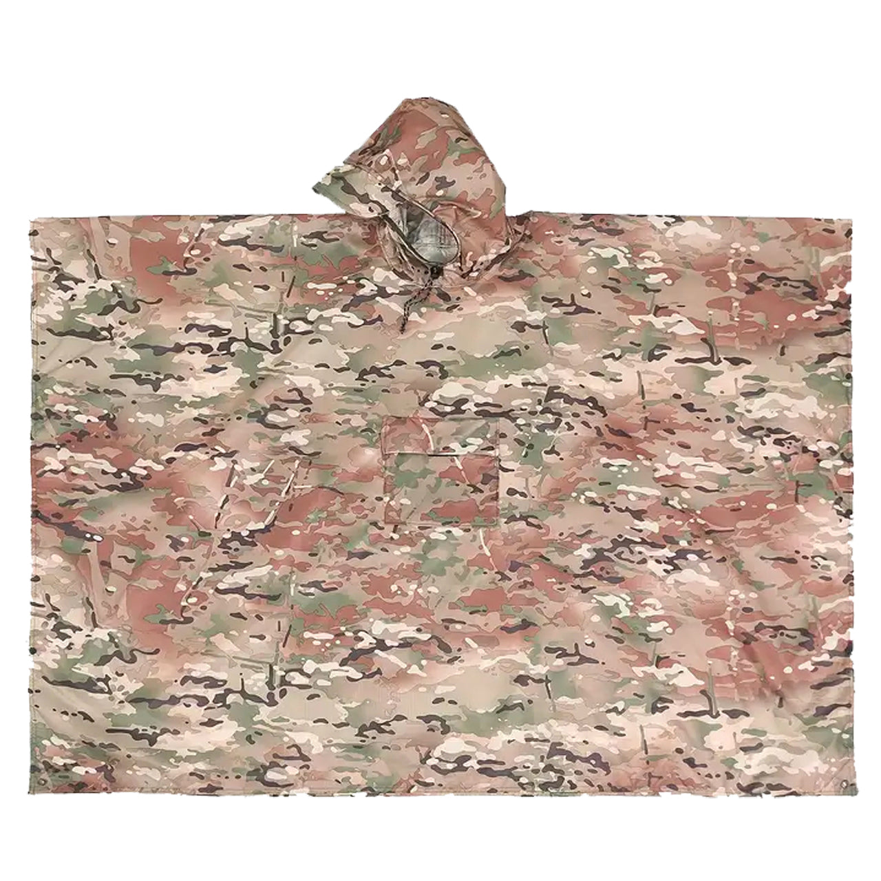 This poncho is made from durable 100% polyester and showcases a Multicam pattern, ensuring both functionality and style. Its waterproof PU2000mm rating keeps you dry in any weather, while the front pocket and snap closure provide convenience. The included stuff bag makes it portable, and the grommets on every corner allow for secure use in any situation. Sized at 210x140cm, it's compact and lightweight for easy packing. www.defenceqstore.com.au