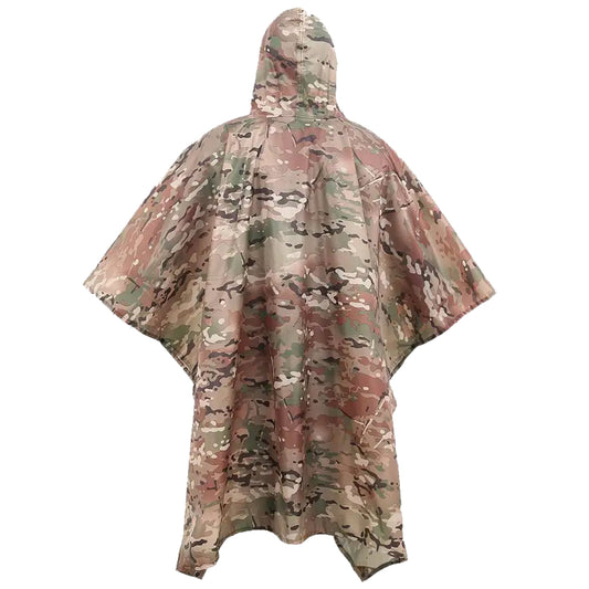 This poncho is made from durable 100% polyester and showcases a Multicam pattern, ensuring both functionality and style. Its waterproof PU2000mm rating keeps you dry in any weather, while the front pocket and snap closure provide convenience. The included stuff bag makes it portable, and the grommets on every corner allow for secure use in any situation. Sized at 210x140cm, it's compact and lightweight for easy packing. www.defenceqstore.com.au