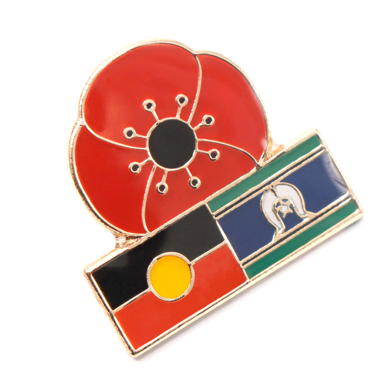 The Honour the Aboriginal and Torres Strait Islander peoples who have served across the Defence Force lapel pin is a vibrant and meaningful accessory. It features a red and gold poppy with the Aboriginal and Torres Strait Flags on the base, symbolizing the service of all those who serve. www.defenceqstore.com.au