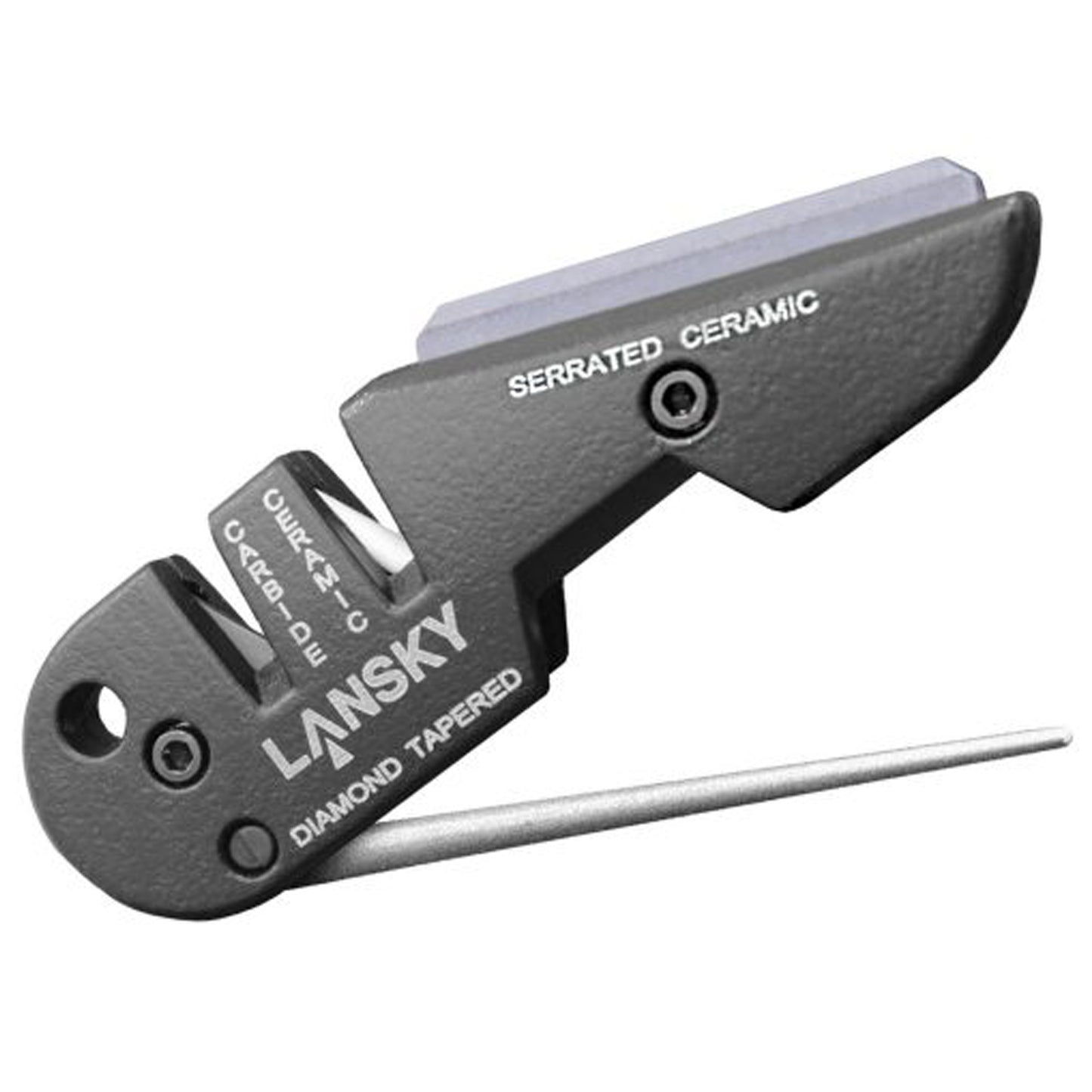 Four sharpeners in one. Includes tungsten carbide sharpener, ceramic rods, serrated blade sharpener and diamond tapered rod. Lanyard hole. www.defenceqstore.com.au