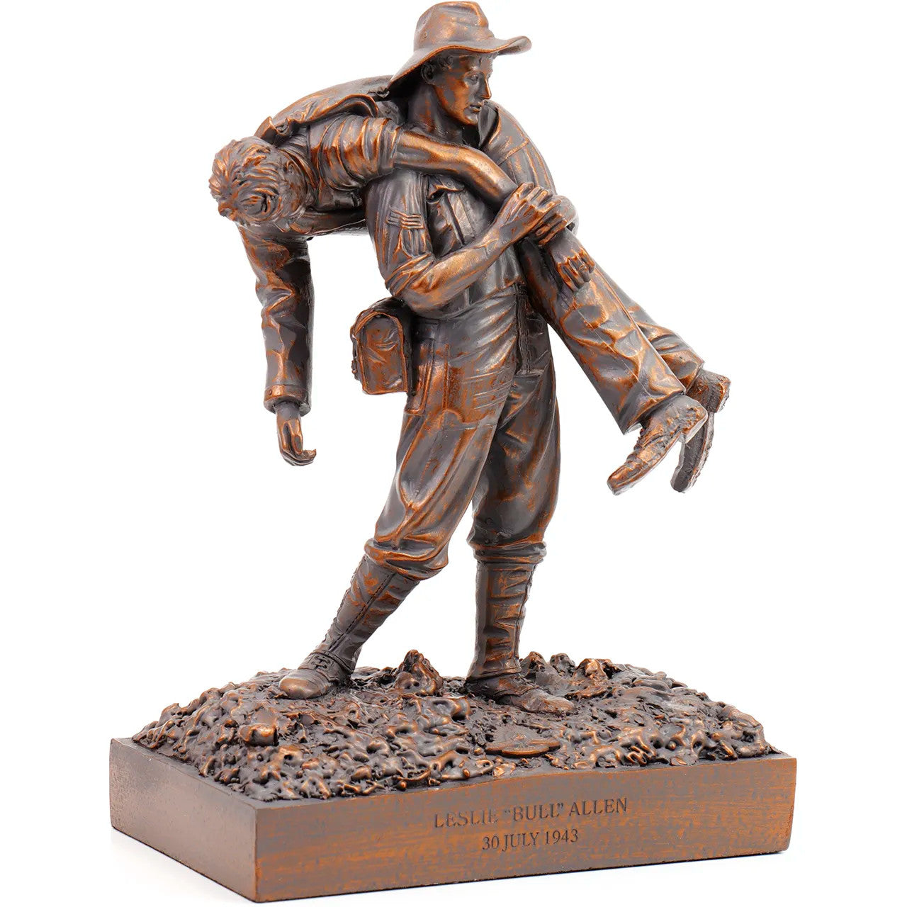 Introducing the Leslie Bull Allen Spirit of Mateship Figurine, a remarkable tribute to an extraordinary act of valor and camaraderie. Crafted with precision from cold cast bronze, this figurine immortalizes a defining moment in history. www.defenceqstore.com.au