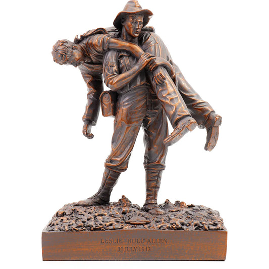 Introducing the Leslie Bull Allen Spirit of Mateship Figurine, a remarkable tribute to an extraordinary act of valor and camaraderie. Crafted with precision from cold cast bronze, this figurine immortalizes a defining moment in history. www.defenceqstore.com.au