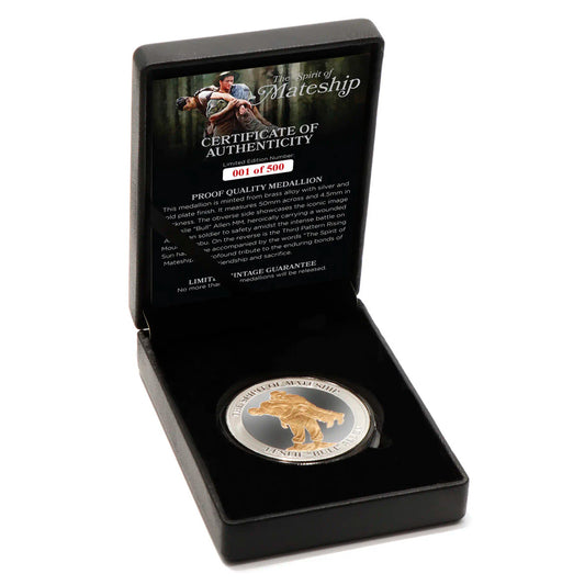 The Leslie Bull Allen Spirit of Mateship Limited Edition Medallion is a tribute to an extraordinary act of bravery and camaraderie. Crafted with meticulous attention to detail, this medallion captures a moment of valour that exemplifies the enduring bonds forged in times of adversity. www.defenceqstore.com.au