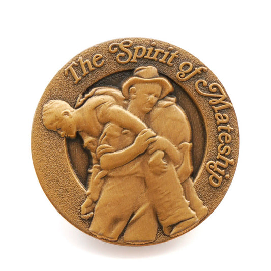 The Leslie Bull Allen Spirit of Mateship Magna Badge is a poignant and versatile tribute to an extraordinary act of bravery. Crafted with precision, this 25mm oxy brass magna badge showcases the iconic image of Leslie "Bull" Allen MM, a courageous 26-year-old from Ballarat, Victoria, heroically carrying a wounded American soldier to safety amidst the relentless battle on Mount Tambu. www.defenceqstore.com.au