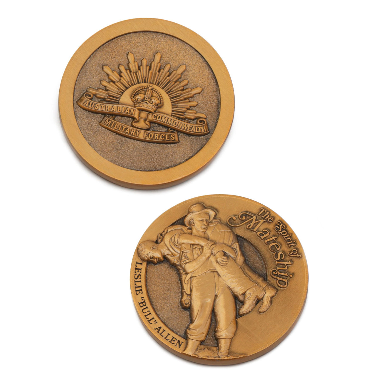 The Leslie Bull Allen Spirit of Mateship Medallion is a distinguished symbol of bravery and solidarity that pays homage to an extraordinary act of heroism. Crafted with meticulous attention to detail, this 48mm oxy brass medallion is a collector's delight. www.defenceqstore.com.au
