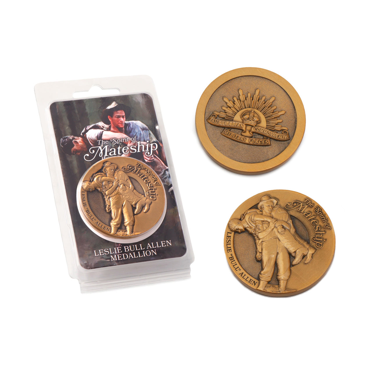 The Leslie Bull Allen Spirit of Mateship Medallion is a distinguished symbol of bravery and solidarity that pays homage to an extraordinary act of heroism. Crafted with meticulous attention to detail, this 48mm oxy brass medallion is a collector's delight. www.defenceqstore.com.au