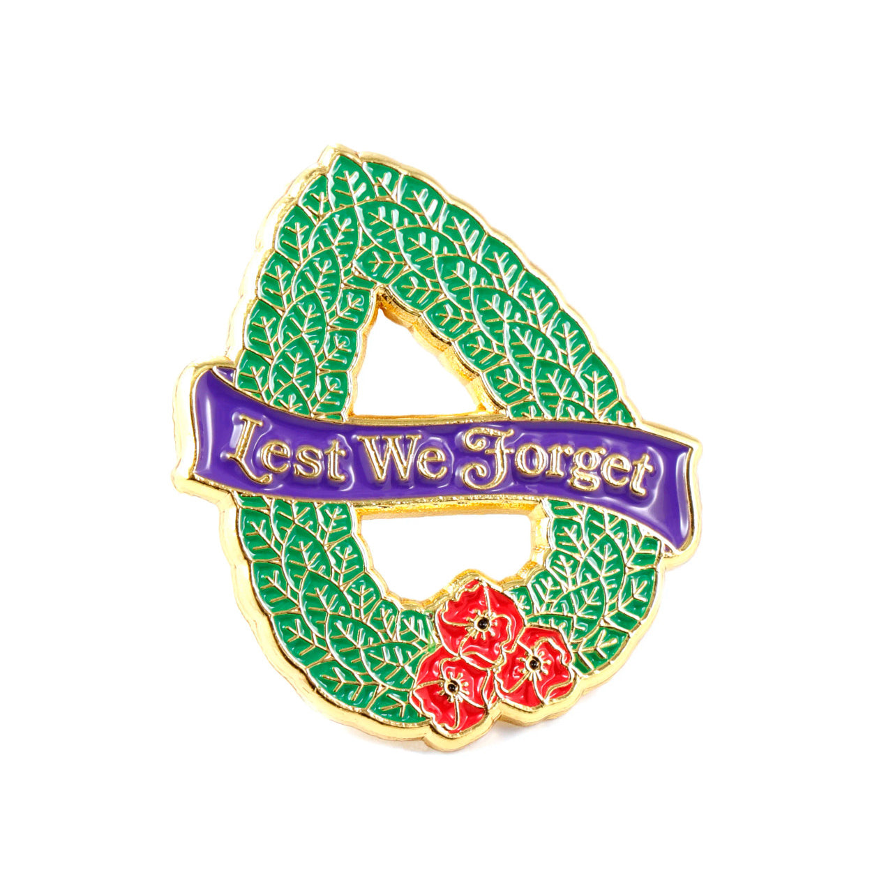 Shaped like a traditional teardrop wreath, this gold-plated lapel pin features the design of green laurel leaves. Also known as bay leaves, this foliage is often used in the creation of wreaths. www.defenceqstore.com.au