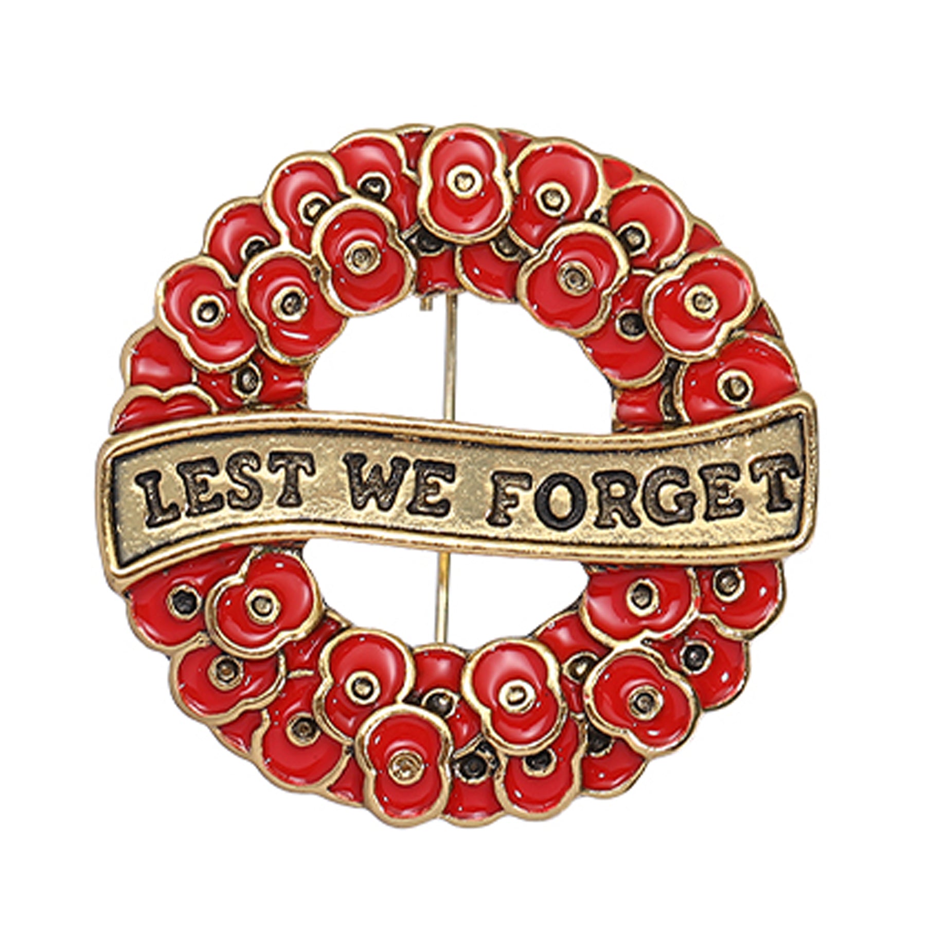 Honour the fallen with the Lest We Forget Poppy Wreath Gold Front Brooch—a striking tribute that blends timeless remembrance with contemporary style. This exquisite 28mm brooch features a multi-dimensional design with deep translucent red petals set against luxurious gold plating, creating a piece that commands attention and respect. www.defenceqstore.com.au