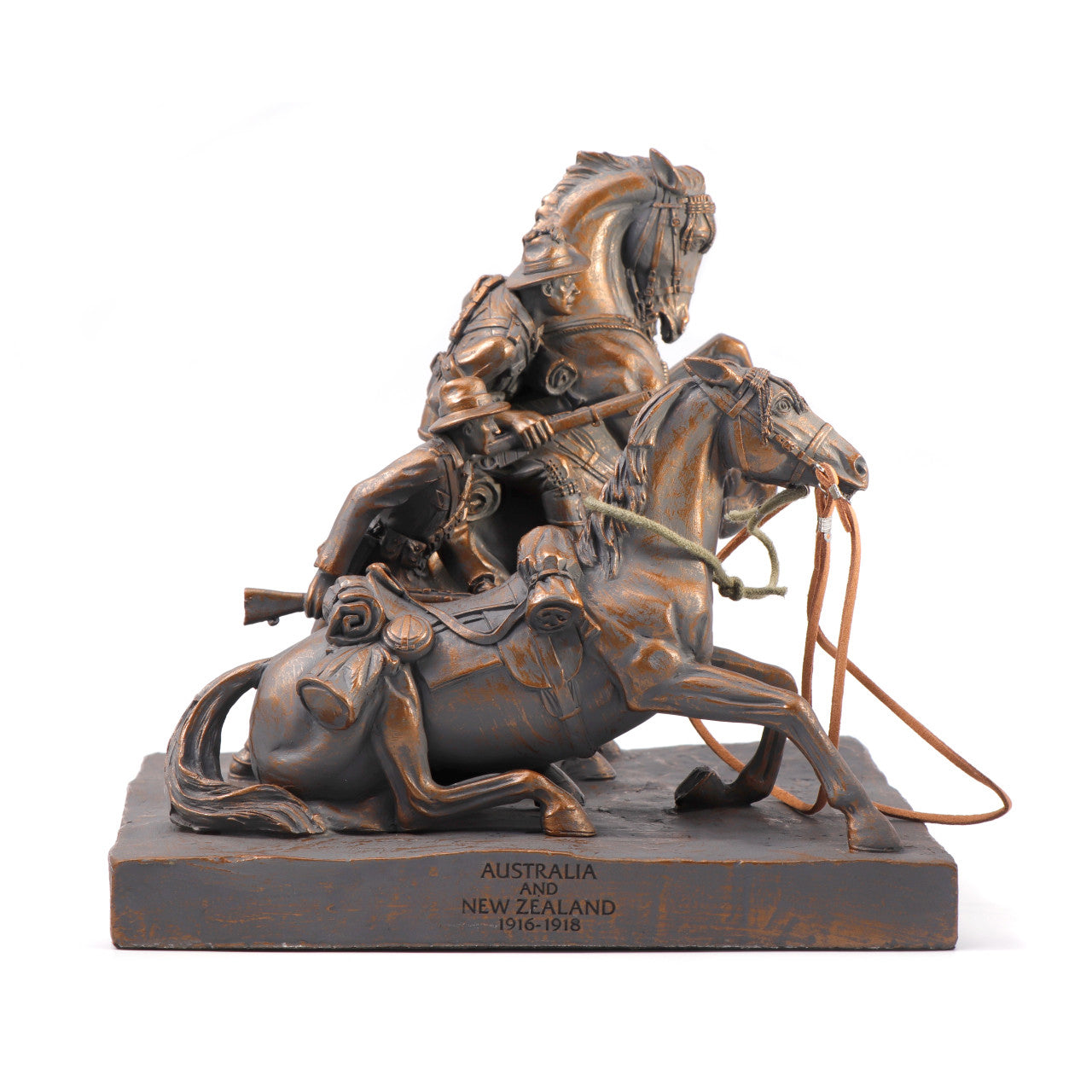 This stunning cold cast bronze figurine honours the bonds of the Desert Mounted Corps of Australian and New Zealand soldiers who died in service or were killed in action in Egypt, Palestine and Syria during World War One. This mid-size figurine is a sensational version of the commonly titled Light Horse Memorial found on Anzac Parade, Canberra. www.defenceqstore.com.au