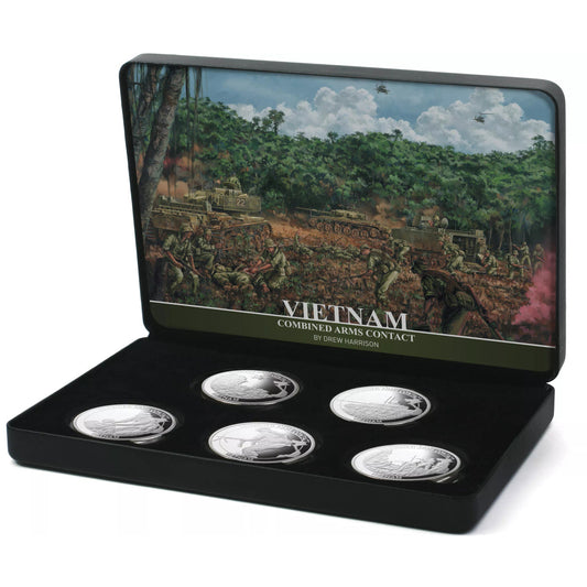 The Vietnam 1969 Combined Arms Contact Limited Edition Medallion Set is a true collector's item. Each medallion in this set is meticulously crafted from brass alloy and finished in highly polished and frosted silver. www.defenceqstore.com.au