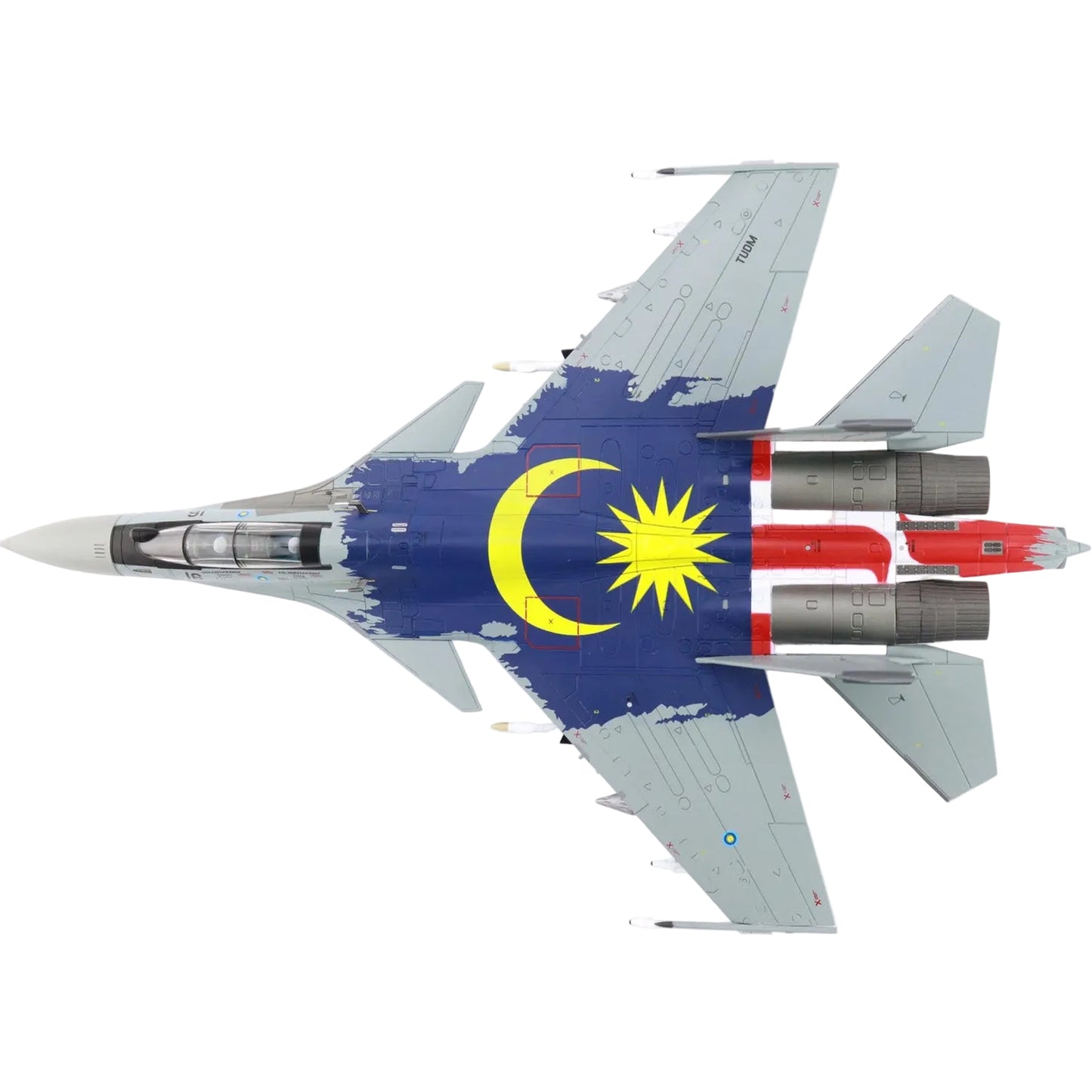 The SU-30MKM is a multirole fighter aircraft operated by the Royal Malaysian Air Force (TUDM). This variant of the Su-30 is tailored specifically for Malaysia, featuring advanced avionics, thrust-vectoring engines, and enhanced weaponry, making it highly capable in air-to-air and air-to-ground missions. www.defenceqstore.com.au