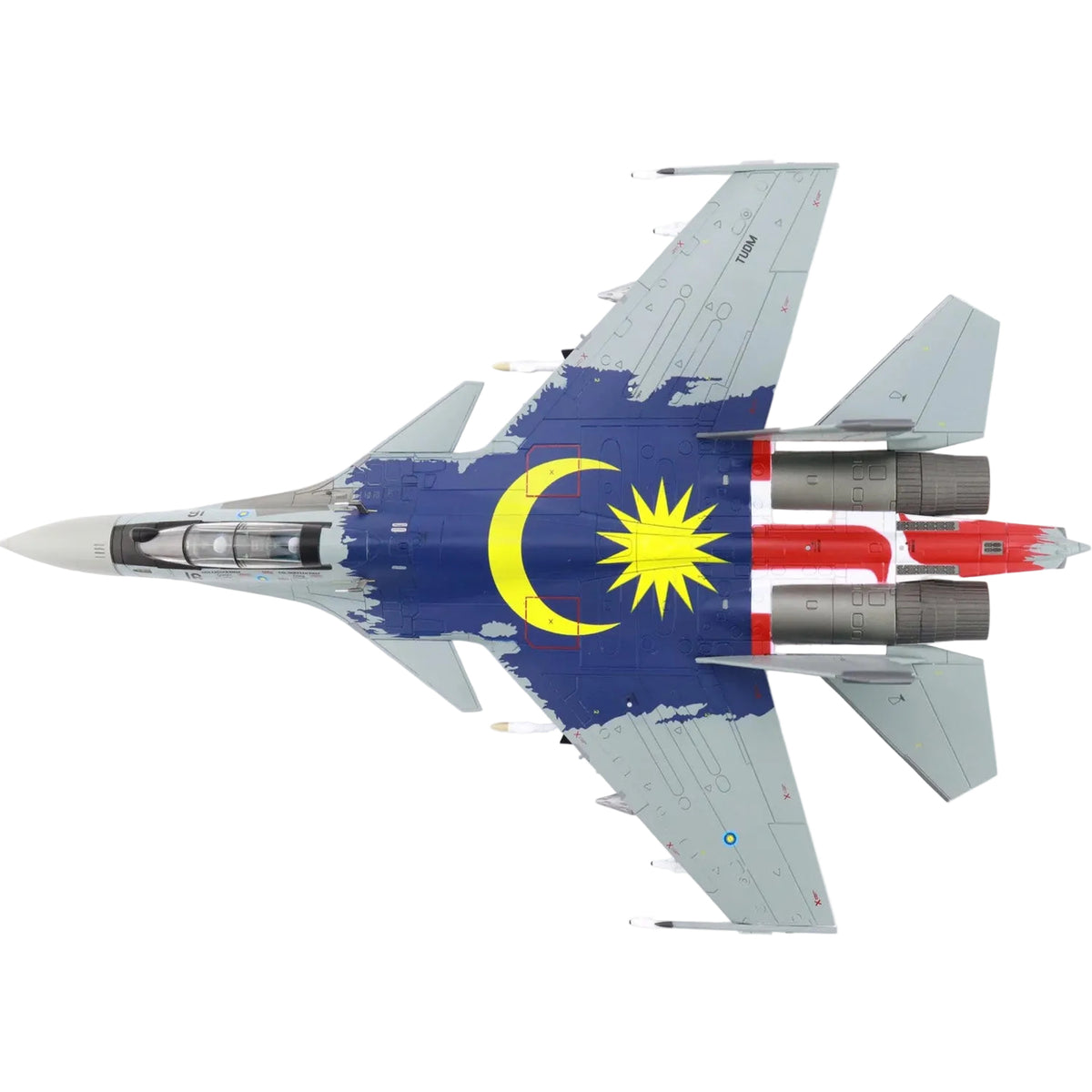 The SU-30MKM is a multirole fighter aircraft operated by the Royal Malaysian Air Force (TUDM). This variant of the Su-30 is tailored specifically for Malaysia, featuring advanced avionics, thrust-vectoring engines, and enhanced weaponry, making it highly capable in air-to-air and air-to-ground missions. www.defenceqstore.com.au