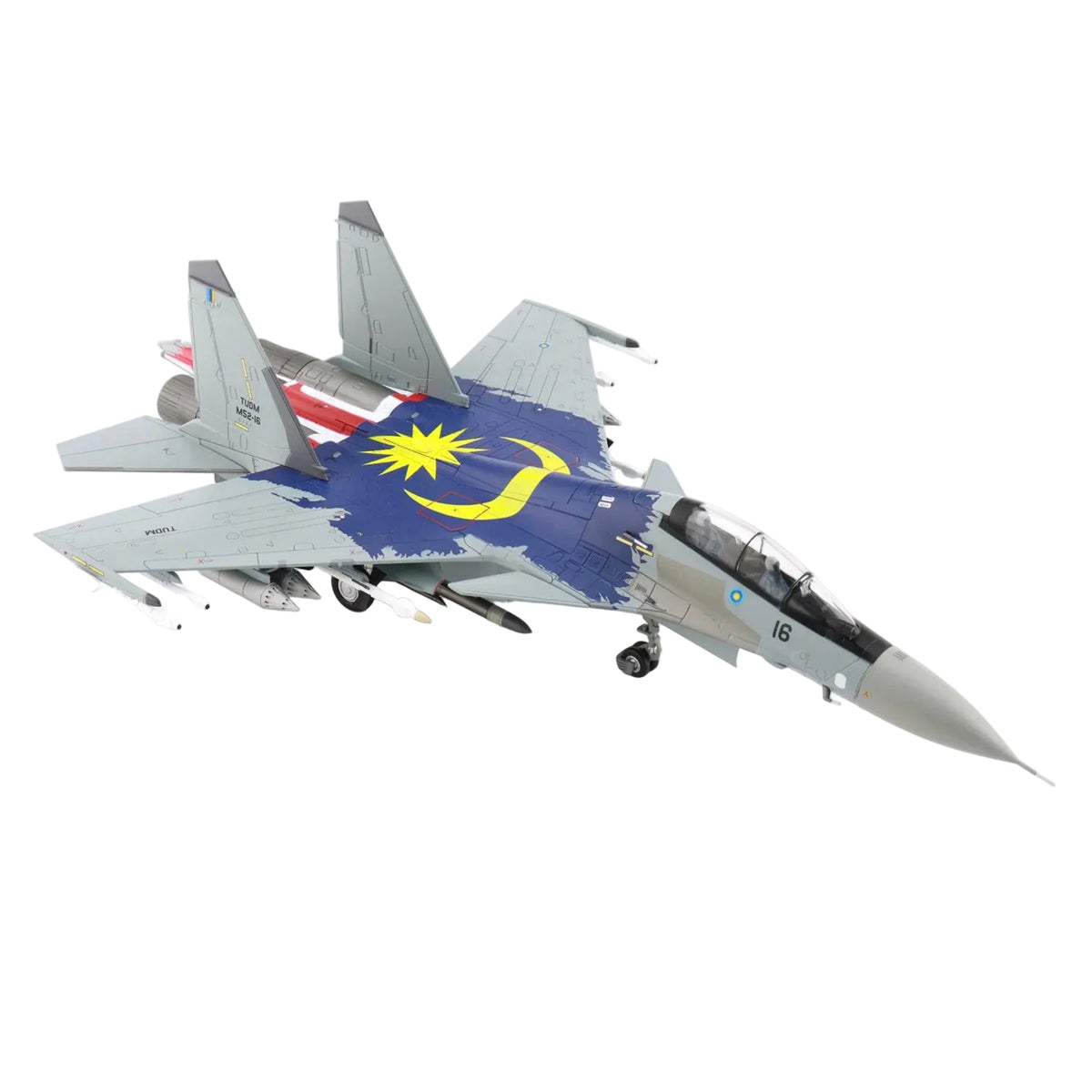 The SU-30MKM is a multirole fighter aircraft operated by the Royal Malaysian Air Force (TUDM). This variant of the Su-30 is tailored specifically for Malaysia, featuring advanced avionics, thrust-vectoring engines, and enhanced weaponry, making it highly capable in air-to-air and air-to-ground missions. www.defenceqstore.com.au
