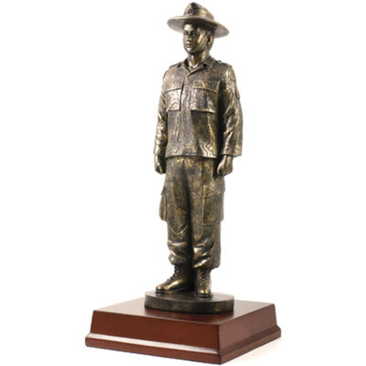 Impress any military enthusiast with this unique Male Army Cadet Figurine. Crafted with intricate detail, this 295mm tall cold cast bronze figurine stands atop a 130mm x 130mm base with a 15mm x 60mm inscription plate, perfect for a special message. Give them the perfect gift, award or collectible that honors their service. www.defenceqstore.com.au