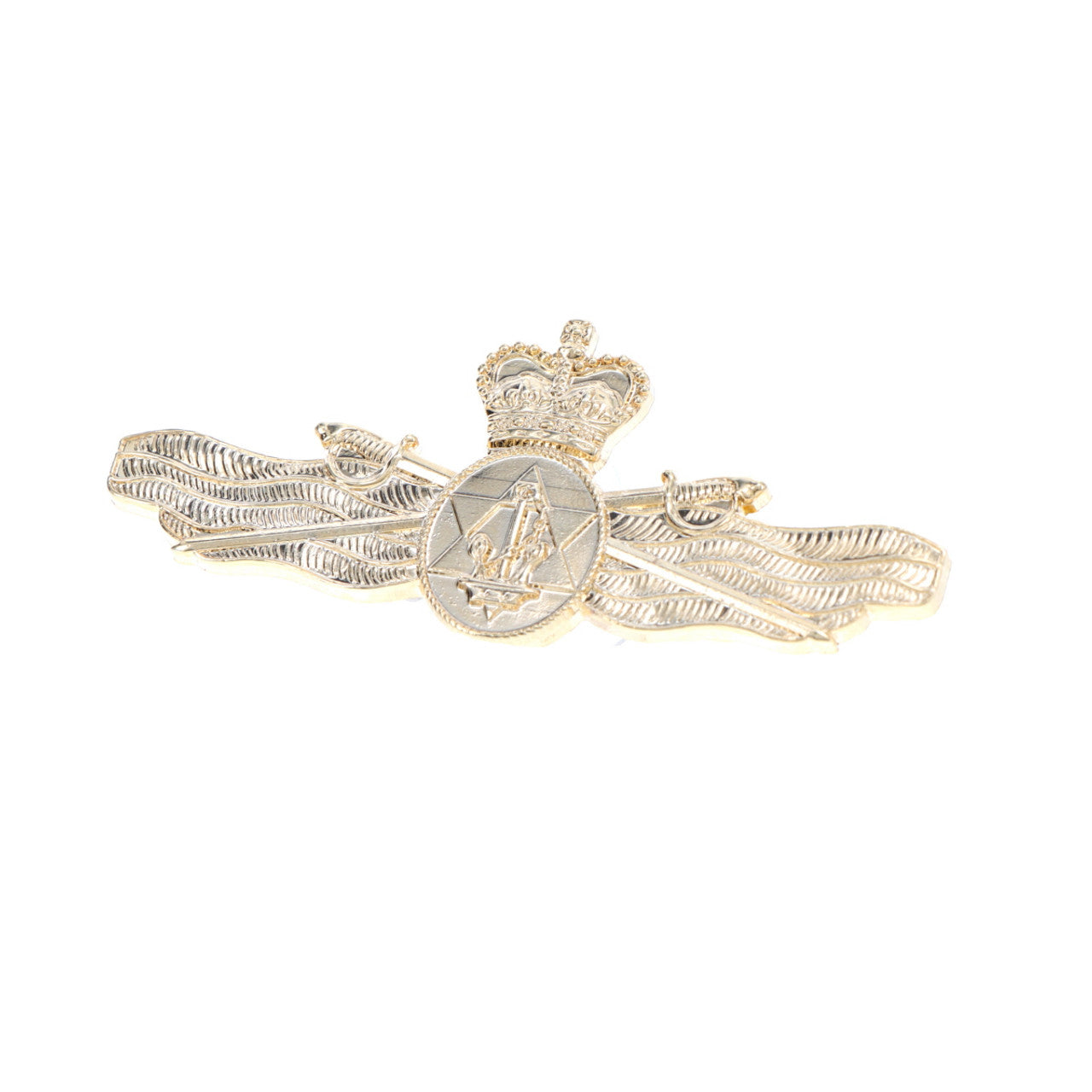 Be sure to stand out with the Maritime Logistics Officer Gold Badge - available in a large size for maximum visibility. This stylish badge comes with two butterfly clutch pins, so you can easily and securely attach it to your attire. Get ready to flaunt your style! www.defenceqstore.com.au