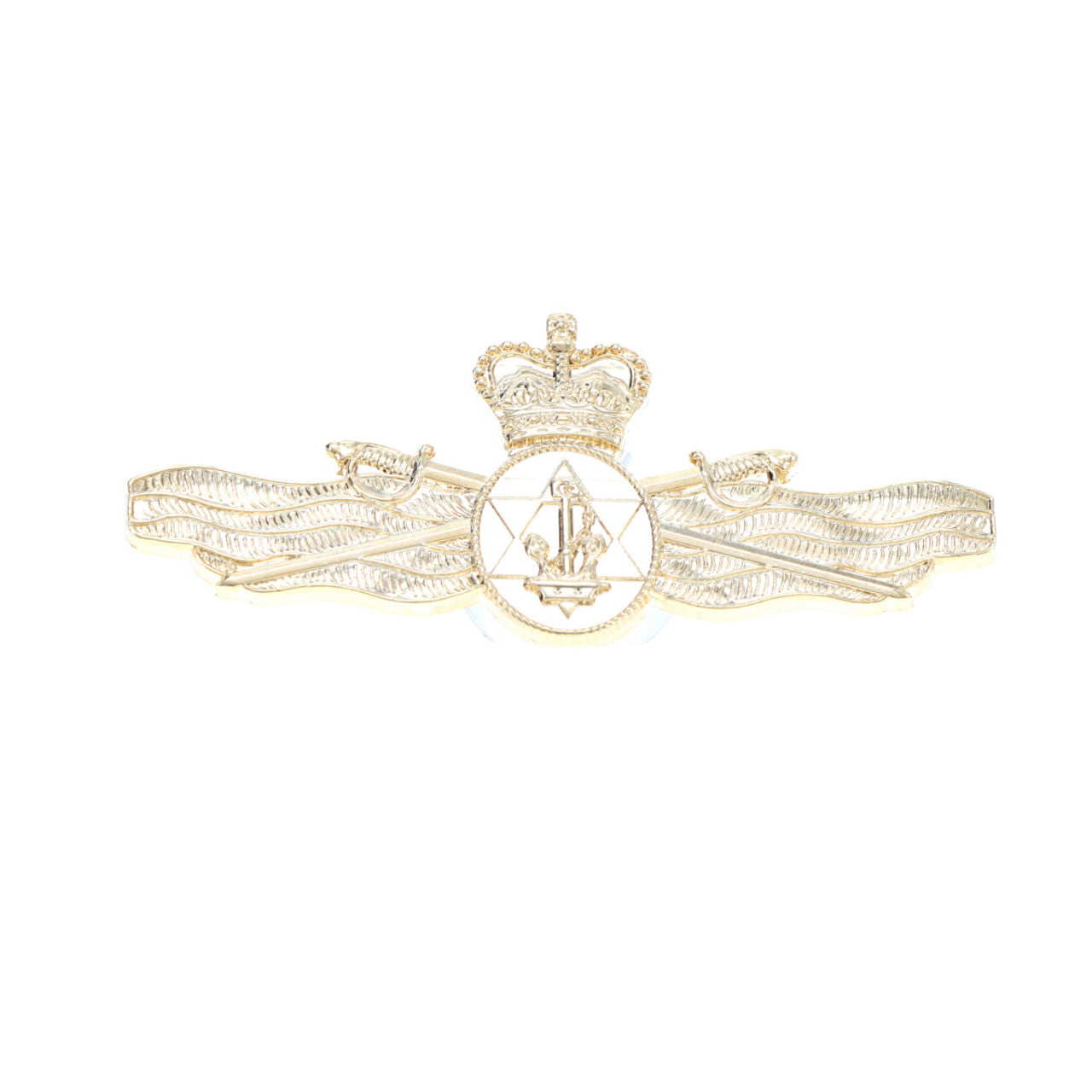 Be sure to stand out with the Maritime Logistics Officer Gold Badge - available in a large size for maximum visibility. This stylish badge comes with two butterfly clutch pins, so you can easily and securely attach it to your attire. Get ready to flaunt your style! www.defenceqstore.com.au