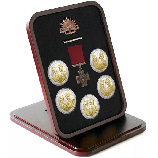 The stunning Men of Valour Sands of Gallipoli 2010 release Five Limited Edition Medallions Set from the military specialists. Set of five proof quality double sided medallions minted from brass alloy and finished in highly polished silver and gold with images of the 10 Victoria Cross recipients on one side and a gold plated 1904 Rising Sun hat badge on the other. www.defenceqstore.com.au