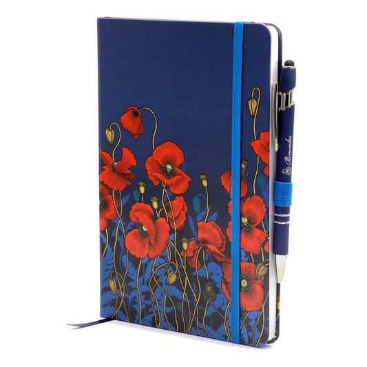 A beautiful notebook and pen set featuring the vibrant poppies from the sensational artwork 'Where the Poppies Grow' by Australian artist Adriana Seserko. www.defenceqstore.com.au
