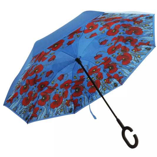 The windproof inverted umbrella featuring the stunning poppies artwork from the collection "Where the Poppies Grow" by Australian artist Adriana Seserko is a practical and stylish accessory for rainy days. This umbrella is designed to withstand strong winds and has a unique folding mechanism that keeps the wet part inside when folded. Stay dry and fashionable with this umbrella. www.defenceqstore.com.au