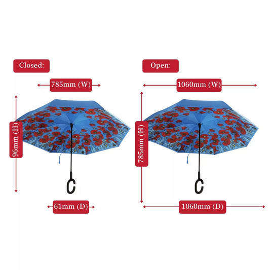 The windproof inverted umbrella featuring the stunning poppies artwork from the collection "Where the Poppies Grow" by Australian artist Adriana Seserko is a practical and stylish accessory for rainy days. This umbrella is designed to withstand strong winds and has a unique folding mechanism that keeps the wet part inside when folded. Stay dry and fashionable with this umbrella. www.defenceqstore.com.au