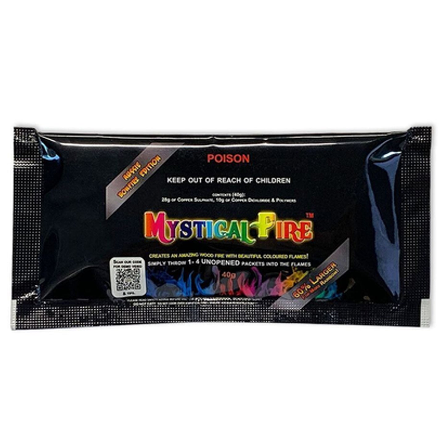 Mystical Fire is an exciting campfire novelty that&nbsp;produces vibrantly coloured flames&nbsp;in any timber fire. Watch in amazement as flames turn from&nbsp;red to blue to green to violet, providing entertainment for the whole family on your next camping trip. This 60% expanded packet increases burn time! www.defenceqstore.com.au