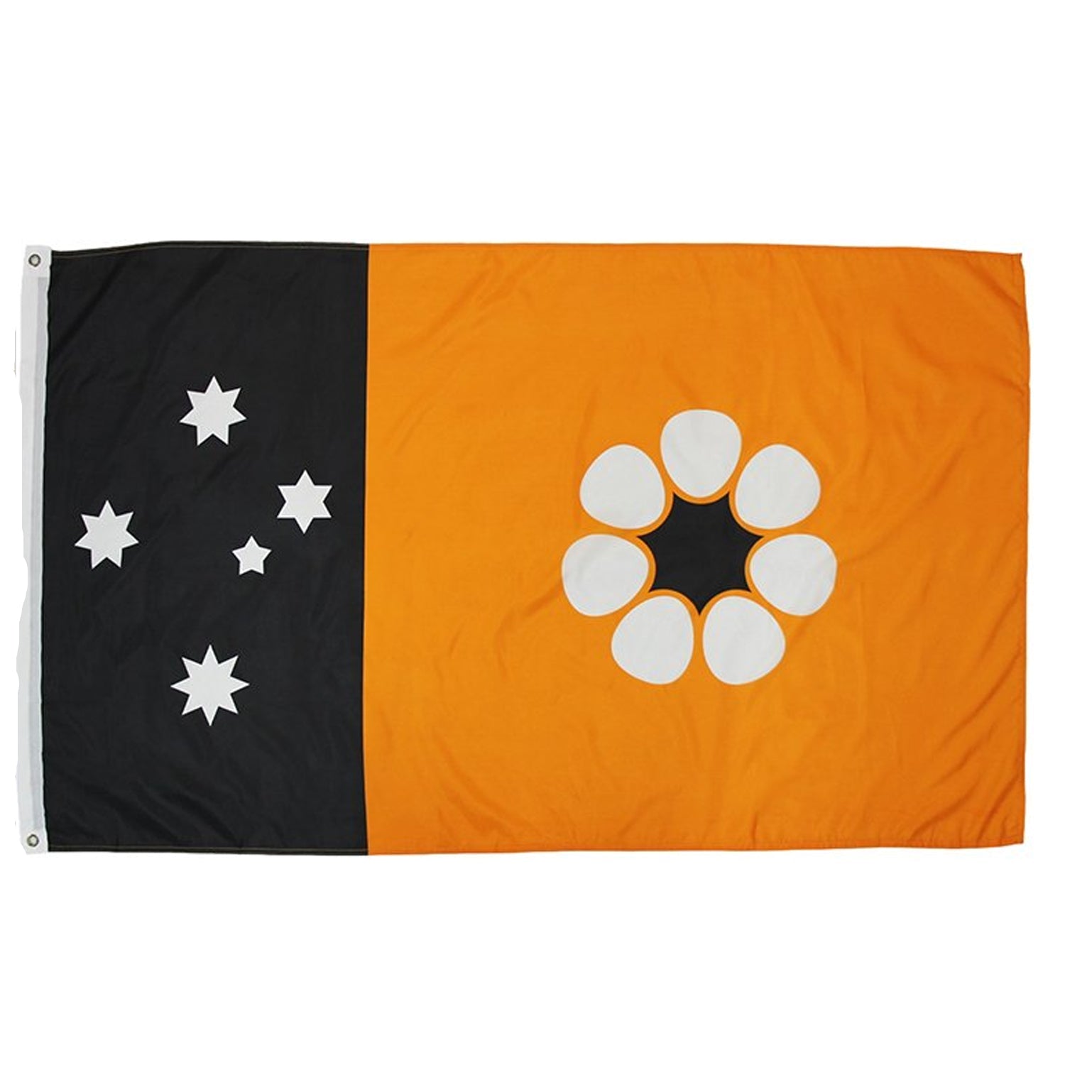 Adopted after self governance was granted on July 1st 1978, this flag consists of the Territorian colours of red, white and ochre. The Southern Cross appears as five white panels stars on a black panel at the hoist, while ochre fills the remainder of the flag. Set on the ochre backdrop in the fly is a Sturts Desert rose www.defenceqstore.com.au