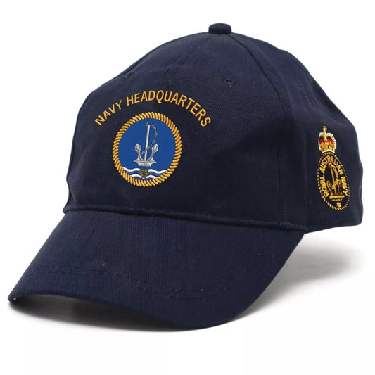 The Navy Headquarters Policy Cap is a must-have accessory for all military personnel. Made from heavy brushed cotton, this high-quality cap features the iconic Navy Headquarters crest on the front and the Navy ceremonial badge embroidered on the left side. www.defenceqstore.com.au