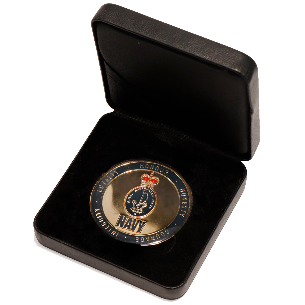 The Navy 48mm Medallion is a limited-edition product that is sure to impress. This stunning medallion is presented in a luxurious leather look gift box, making it the perfect choice for awards, presentations, or that special gift. www.defenceqstore.com.au